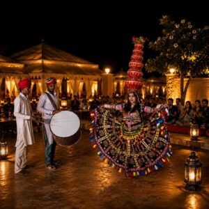 Traditional Rajasthani folk dance performance during a cultural program in Jaisalmer desert camp with live music and evening entertainment