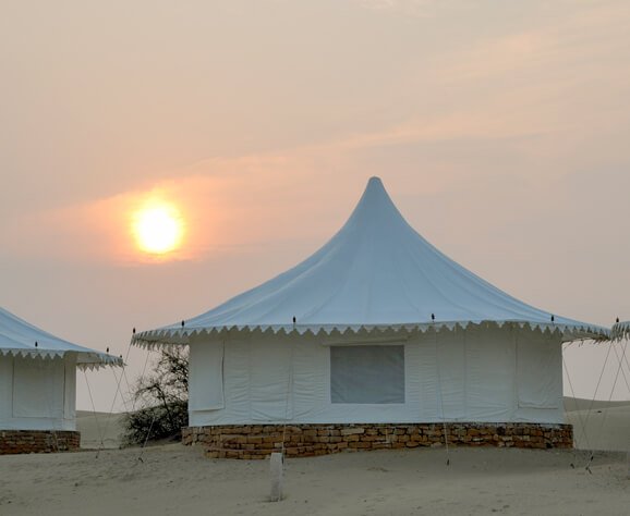 Luxury desert camp in Jaisalmer at Sam Sand Dunes with Swiss tents, cultural night and desert safari experience